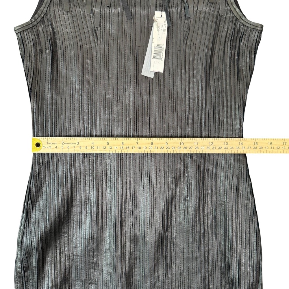 Elie Tahari Womens Black Lamb Leather Fringe Mesh Sleeveless Midi Dress Size 8 - Picture 7 of 9